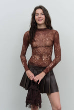 Load image into Gallery viewer, ORNAMENTAL MESH MOCK NECK LONG SLEEVE KNIT TOP: BROWN MULTI
