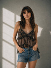 Load image into Gallery viewer, LEOPARD LACE TRIM RUFFLE LAYERED CAMI TOP: LEOPARD / S-M-L(2-2-2)
