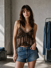 Load image into Gallery viewer, LEOPARD LACE TRIM RUFFLE LAYERED CAMI TOP: LEOPARD / S-M-L(2-2-2)
