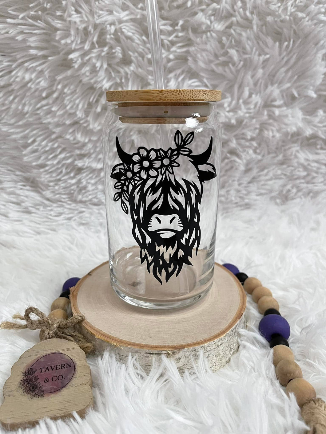 Floral Highland Cow Glass Tumbler