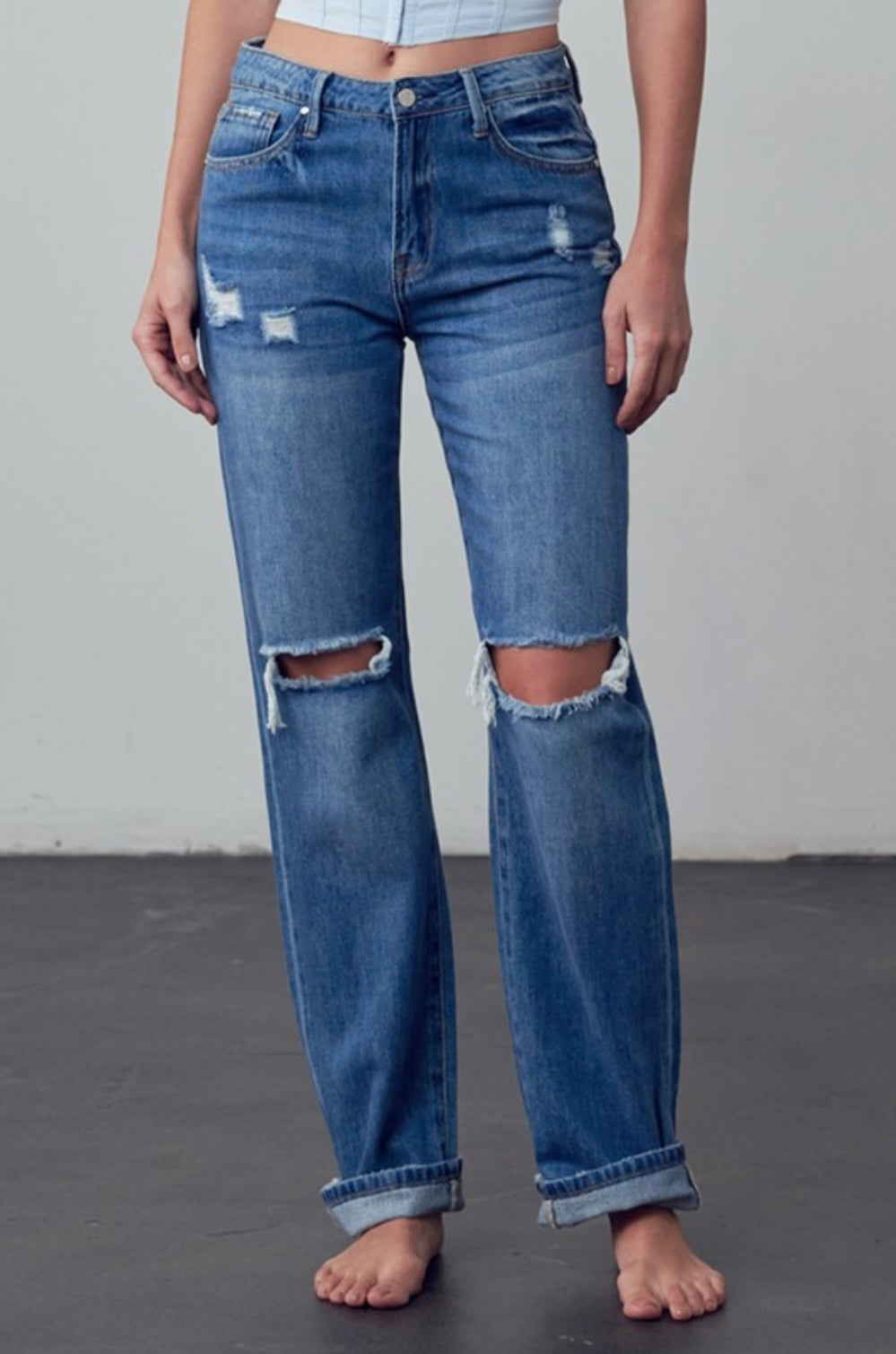 High Rise Straight Open Knee Jeans