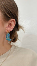 Load image into Gallery viewer, Cowgirl Boot Earrings - Turquoise w/ Gold Stitching
